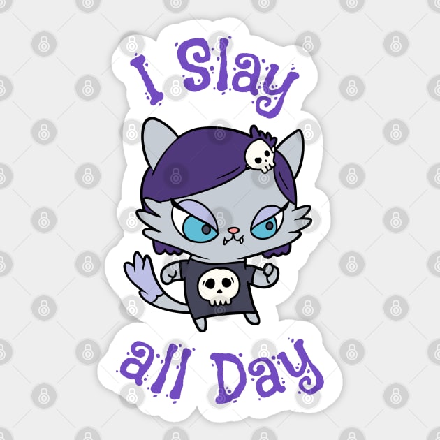 I Slay All Day Cute Goth Kitten with Skull Shirt Sticker by OrionLodubyal